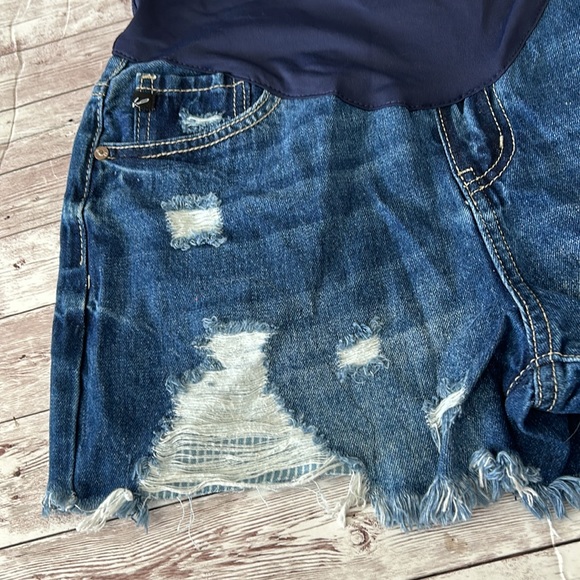 Pinkblush Dark Wash Distressed Fringe Hem Maternity Full Panel Jean Shorts - Picture 5 of 11